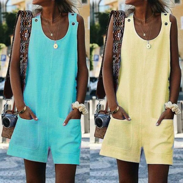 The Best Fashion Women Sleeveless Linen V-Neck Pockets Rompers Summer New Ladies Solid Playsuits Holiday Casual Playsuit Plus Size Online - Takalr