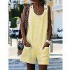 The Best Fashion Women Sleeveless Linen V-Neck Pockets Rompers Summer New Ladies Solid Playsuits Holiday Casual Playsuit Plus Size Online - Takalr