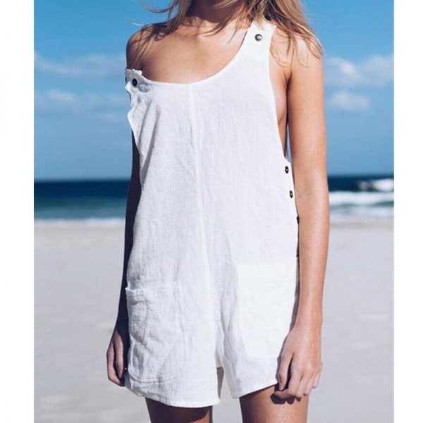 The Best Fashion Women Sleeveless Linen V-Neck Pockets Rompers Summer New Ladies Solid Playsuits Holiday Casual Playsuit Plus Size Online - Takalr