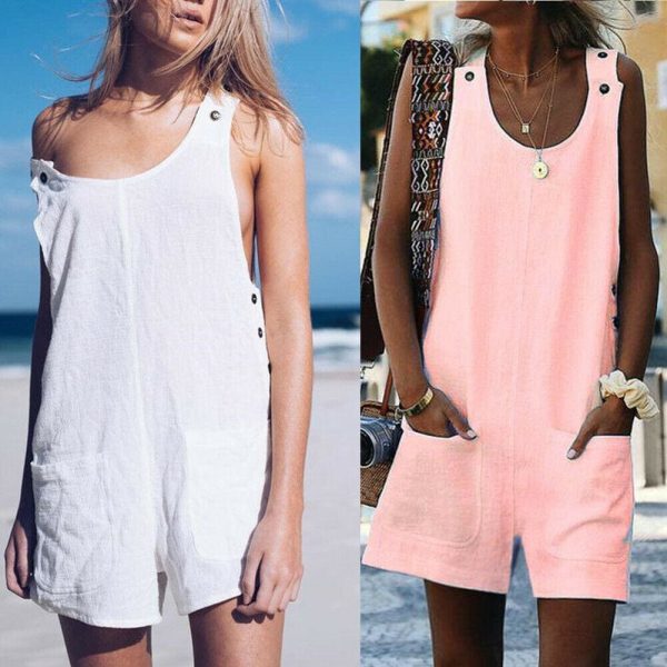 The Best Fashion Women Sleeveless Linen V-Neck Pockets Rompers Summer New Ladies Solid Playsuits Holiday Casual Playsuit Plus Size Online - Takalr