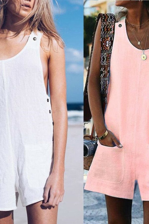 The Best Fashion Women Sleeveless Linen V-Neck Pockets Rompers Summer New Ladies Solid Playsuits Holiday Casual Playsuit Plus Size Online - Takalr