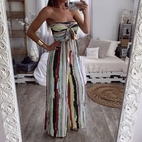 The Best Fashion Women Sleeveless Loose Wide Leg Jumpsuit Overalls Summer Holiday Stripes Bandeau Casual Trousers Romper Online - Takalr