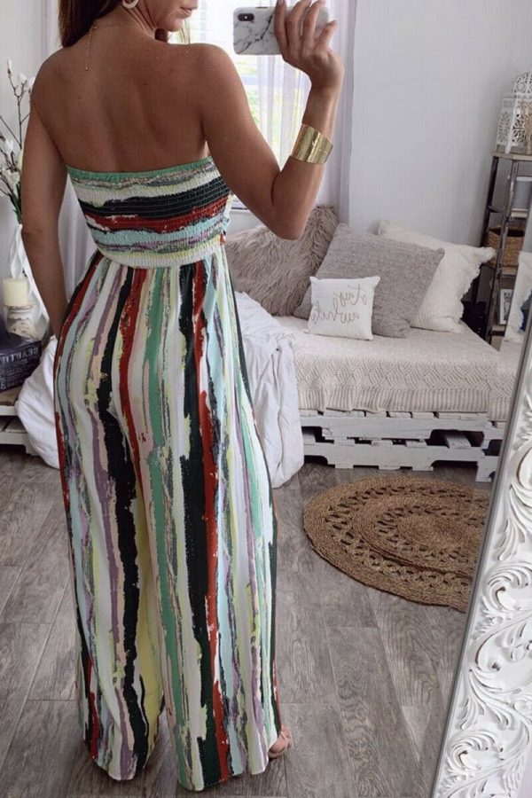 The Best Fashion Women Sleeveless Loose Wide Leg Jumpsuit Overalls Summer Holiday Stripes Bandeau Casual Trousers Romper Online - Takalr