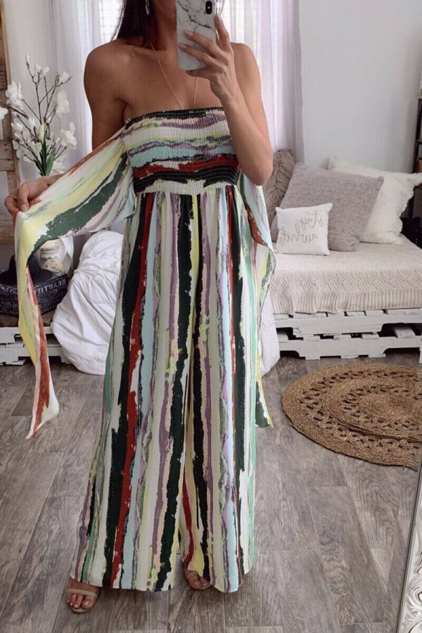 The Best Fashion Women Sleeveless Loose Wide Leg Jumpsuit Overalls Summer Holiday Stripes Bandeau Casual Trousers Romper Online - Takalr