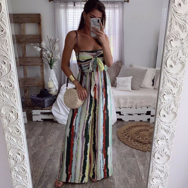 The Best Fashion Women Sleeveless Loose Wide Leg Jumpsuit Overalls Summer Holiday Stripes Bandeau Casual Trousers Romper Online - Takalr