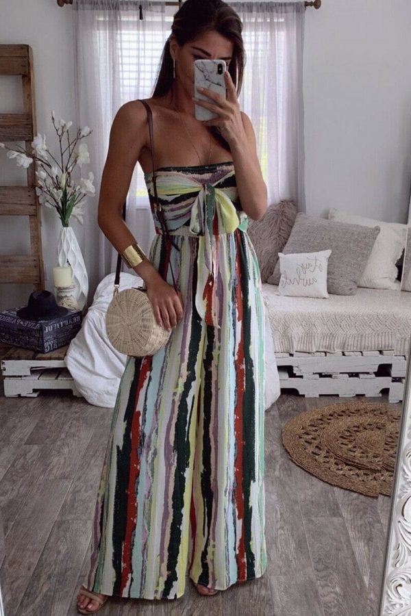 The Best Fashion Women Sleeveless Loose Wide Leg Jumpsuit Overalls Summer Holiday Stripes Bandeau Casual Trousers Romper Online - Takalr