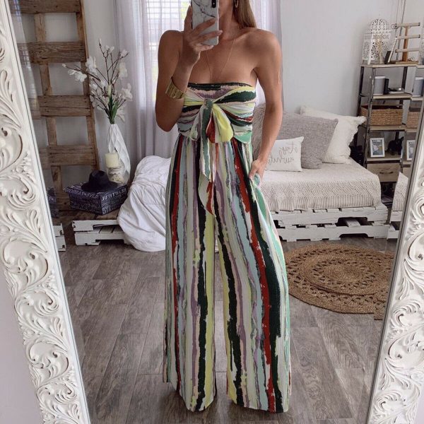 The Best Fashion Women Sleeveless Loose Wide Leg Jumpsuit Overalls Summer Holiday Stripes Bandeau Casual Trousers Romper Online - Takalr