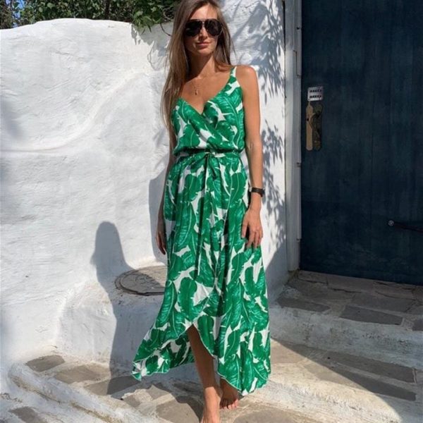 The Best Fashion Women Sleeveless Print Boho Dress Bandage V neck Beach Summer Dress Club Party Sexy Long Maxi Dresses Online - Takalr