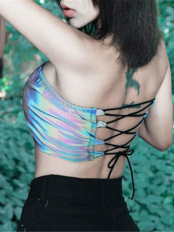 The Best Fashion Women Sleeveless Reflective Crop Vest Colorfull Printed Backless Laser Bra Bustier Cami Crop Tank Tops Online - Takalr