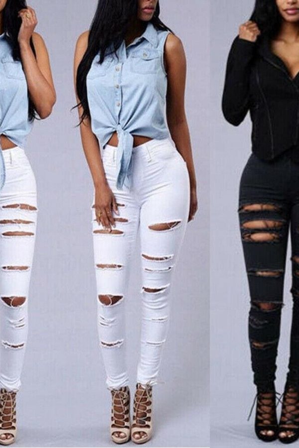 The Best Fashion Women Stretch Elastic High Waist Pants Women Casual Slim Distressed Ripped Skinny Leg Jeans Long Trouser Online - Takalr