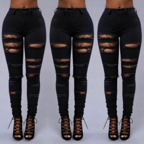 The Best Fashion Women Stretch Elastic High Waist Pants Women Casual Slim Distressed Ripped Skinny Leg Jeans Long Trouser Online - Takalr