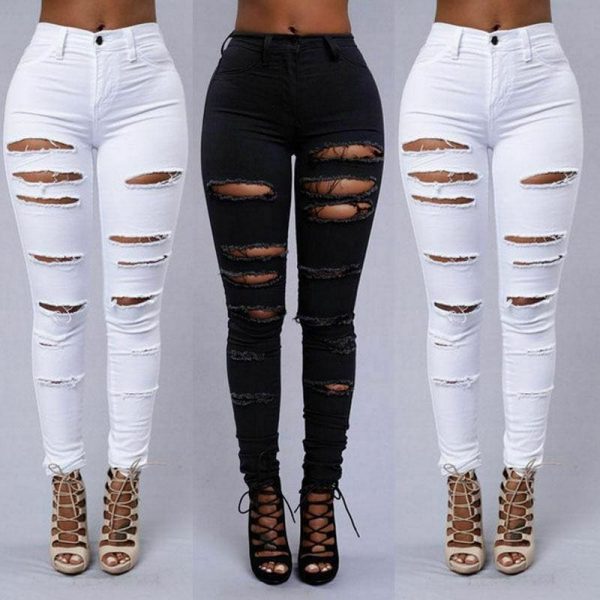 The Best Fashion Women Stretch Elastic High Waist Pants Women Casual Slim Distressed Ripped Skinny Leg Jeans Long Trouser Online - Takalr