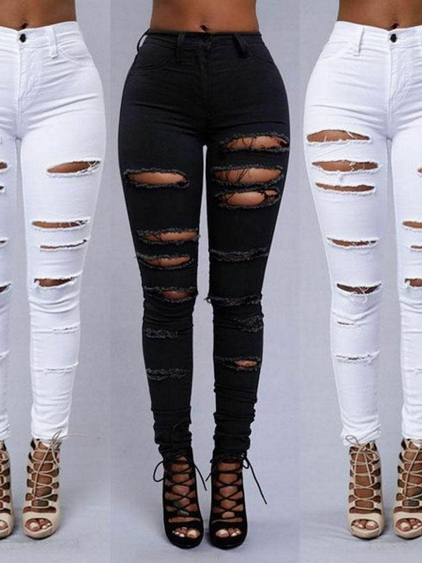 The Best Fashion Women Stretch Elastic High Waist Pants Women Casual Slim Distressed Ripped Skinny Leg Jeans Long Trouser Online - Takalr