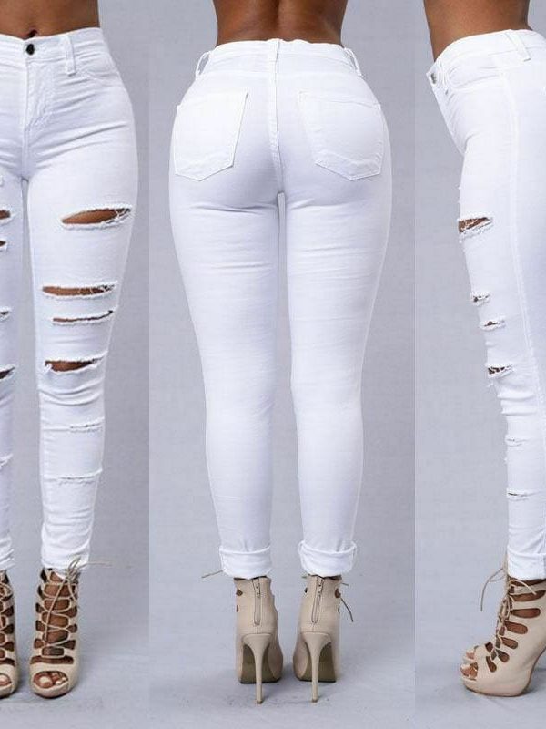 The Best Fashion Women Stretch Elastic High Waist Pants Women Casual Slim Distressed Ripped Skinny Leg Jeans Long Trouser Online - Takalr