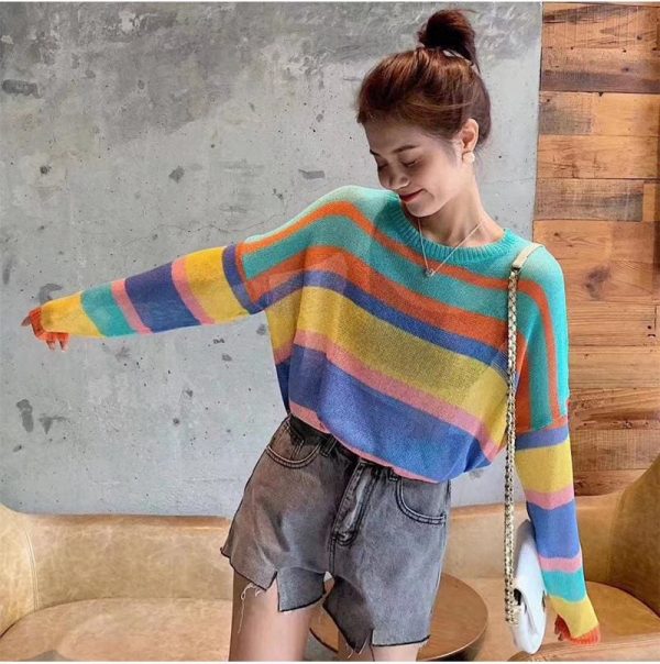 The Best Fashion Women Summer Autumn Top Long Sleeve Loose Rainbow Stripe Sweater Elegant Ladies Casual Pullover Streetwear Online - Takalr