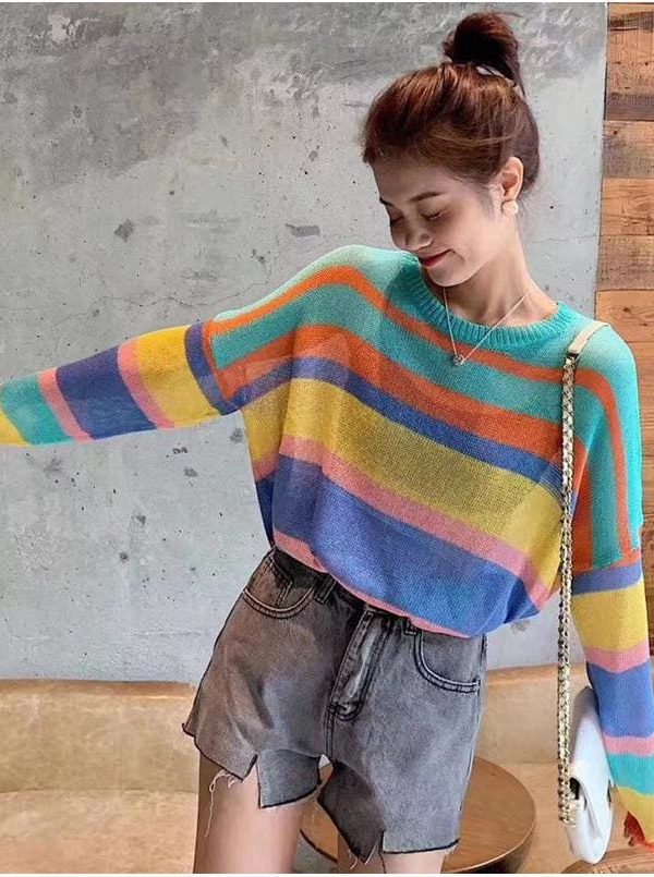 The Best Fashion Women Summer Autumn Top Long Sleeve Loose Rainbow Stripe Sweater Elegant Ladies Casual Pullover Streetwear Online - Takalr