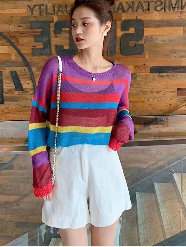 The Best Fashion Women Summer Autumn Top Long Sleeve Loose Rainbow Stripe Sweater Elegant Ladies Casual Pullover Streetwear Online - Takalr