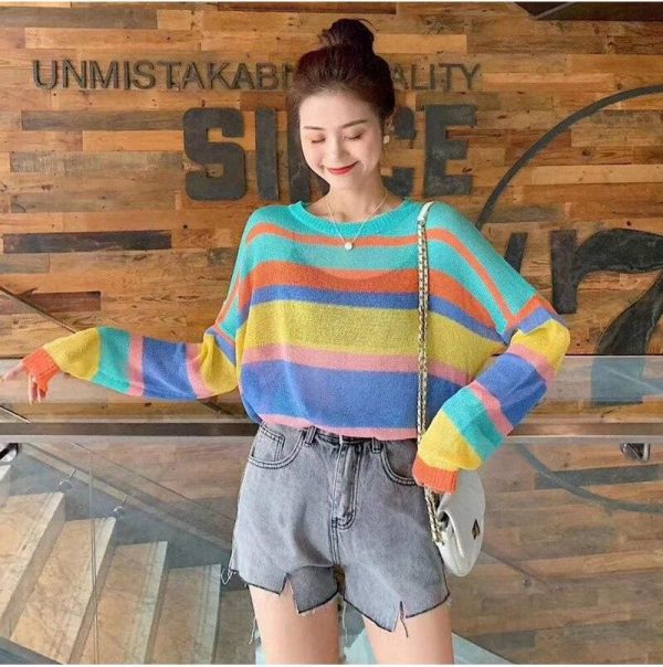 The Best Fashion Women Summer Autumn Top Long Sleeve Loose Rainbow Stripe Sweater Elegant Ladies Casual Pullover Streetwear Online - Takalr