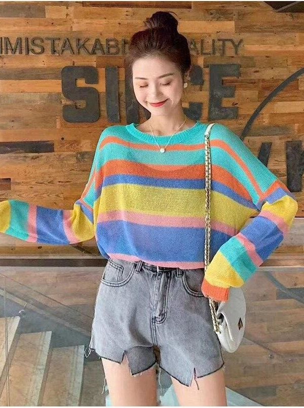 The Best Fashion Women Summer Autumn Top Long Sleeve Loose Rainbow Stripe Sweater Elegant Ladies Casual Pullover Streetwear Online - Takalr