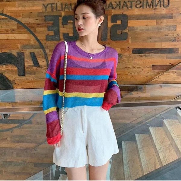 The Best Fashion Women Summer Autumn Top Long Sleeve Loose Rainbow Stripe Sweater Elegant Ladies Casual Pullover Streetwear Online - Takalr