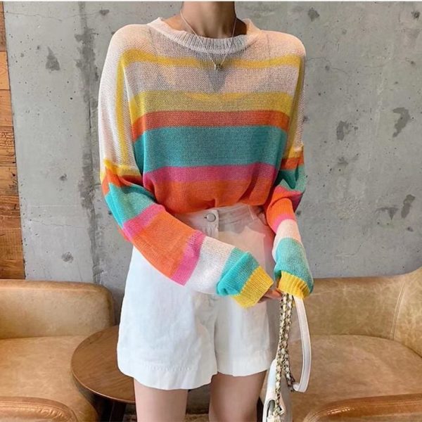 The Best Fashion Women Summer Autumn Top Long Sleeve Loose Rainbow Stripe Sweater Elegant Ladies Casual Pullover Streetwear Online - Takalr