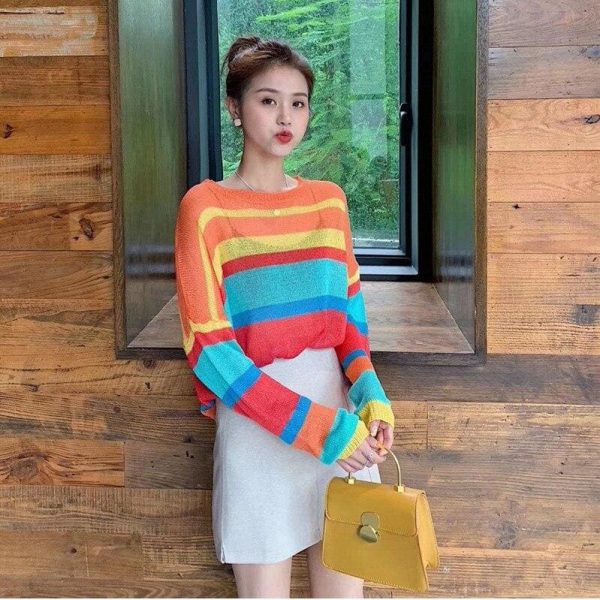 The Best Fashion Women Summer Autumn Top Long Sleeve Loose Rainbow Stripe Sweater Elegant Ladies Casual Pullover Streetwear Online - Takalr