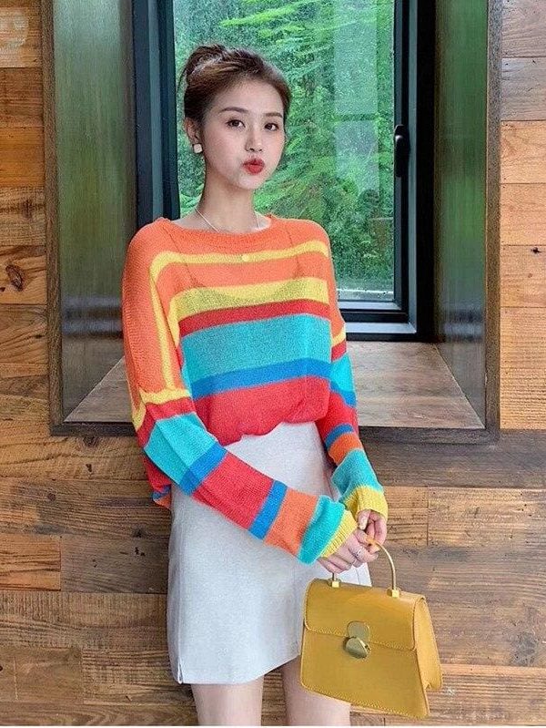 The Best Fashion Women Summer Autumn Top Long Sleeve Loose Rainbow Stripe Sweater Elegant Ladies Casual Pullover Streetwear Online - Takalr