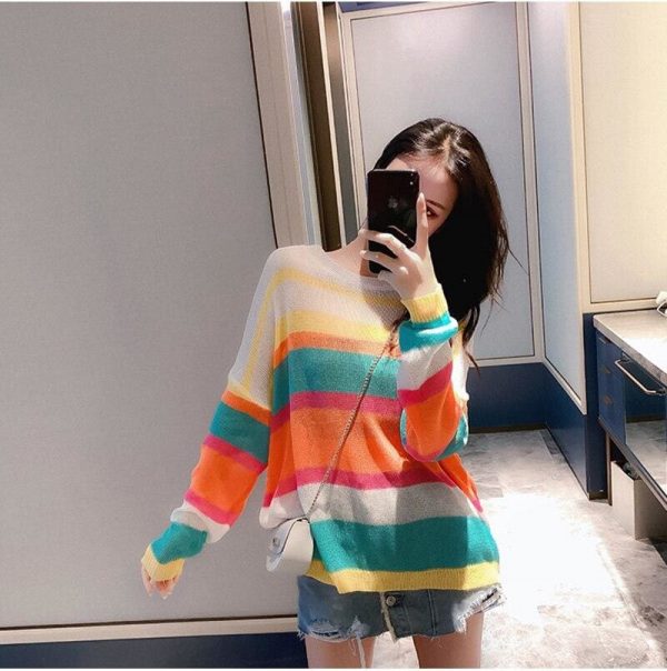 The Best Fashion Women Summer Autumn Top Long Sleeve Loose Rainbow Stripe Sweater Elegant Ladies Casual Pullover Streetwear Online - Takalr