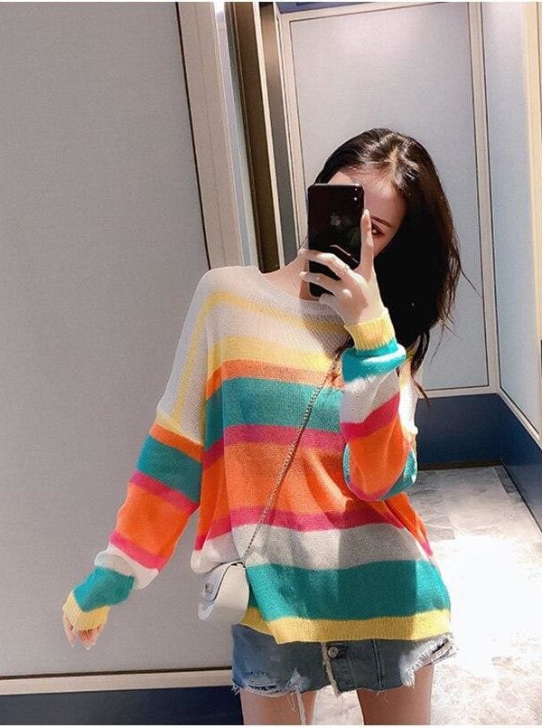 The Best Fashion Women Summer Autumn Top Long Sleeve Loose Rainbow Stripe Sweater Elegant Ladies Casual Pullover Streetwear Online - Takalr