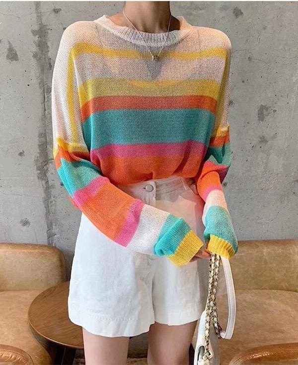 The Best Fashion Women Summer Autumn Top Long Sleeve Loose Rainbow Stripe Sweater Elegant Ladies Casual Pullover Streetwear Online - Takalr