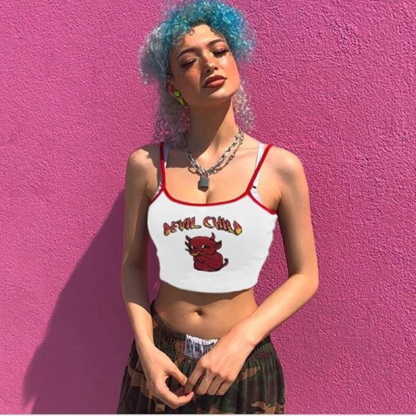 The Best Fashion Women Summer Backless Slim Camisole Top Streetwear Tops Ladies Sexy Demon Print Spaghetti straps Patchwork Crop Top Online - Takalr