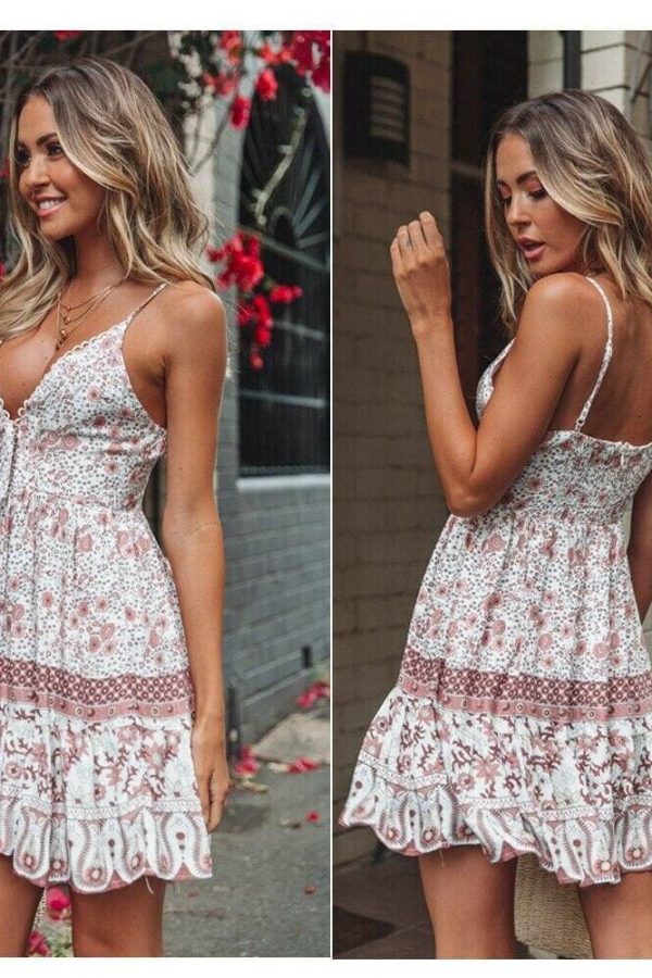 The Best Fashion Women Summer Boho Short Mini Dress Party Ladies Casual Sleeveless V Neck Beach Dress Sundress Online - Takalr