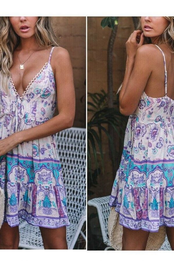 The Best Fashion Women Summer Boho Short Mini Dress Party Ladies Casual Sleeveless V Neck Beach Dress Sundress Online - Takalr