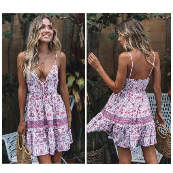 The Best Fashion Women Summer Boho Short Mini Dress Party Ladies Casual Sleeveless V Neck Beach Dress Sundress Online - Takalr