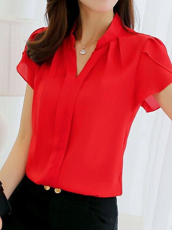 The Best Fashion Women Summer Chiffon Slim Fit Short Sleeve Office Lady Solid Casual V-Neck Shirt Tops Blouse Shirt New Online - Takalr