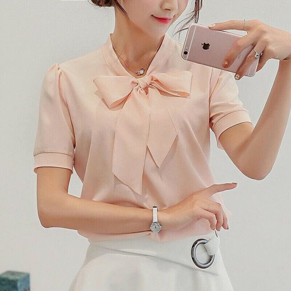 The Best Fashion Women Summer Chiffon Slim Fit Short Sleeve Office Lady Solid Casual V-Neck Shirt Tops Blouse Shirt New Online - Takalr