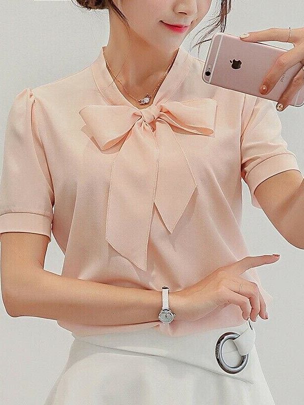 The Best Fashion Women Summer Chiffon Slim Fit Short Sleeve Office Lady Solid Casual V-Neck Shirt Tops Blouse Shirt New Online - Takalr