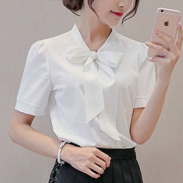 The Best Fashion Women Summer Chiffon Slim Fit Short Sleeve Office Lady Solid Casual V-Neck Shirt Tops Blouse Shirt New Online - Takalr