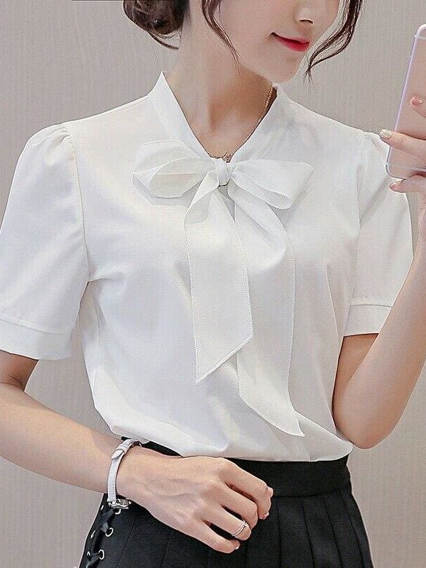 The Best Fashion Women Summer Chiffon Slim Fit Short Sleeve Office Lady Solid Casual V-Neck Shirt Tops Blouse Shirt New Online - Takalr