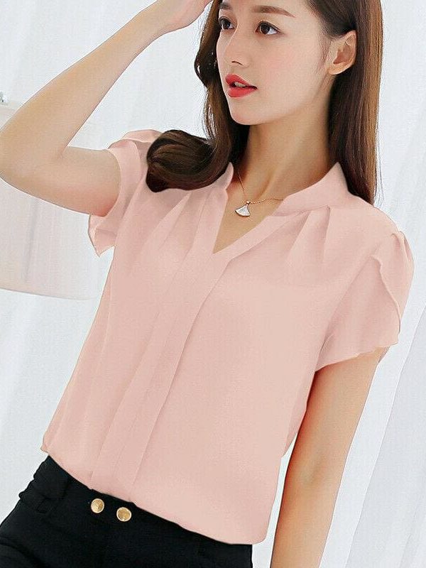 The Best Fashion Women Summer Chiffon Slim Fit Short Sleeve Office Lady Solid Casual V-Neck Shirt Tops Blouse Shirt New Online - Takalr