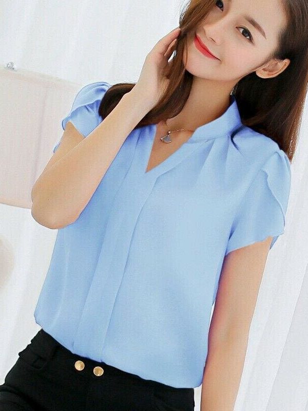 The Best Fashion Women Summer Chiffon Slim Fit Short Sleeve Office Lady Solid Casual V-Neck Shirt Tops Blouse Shirt New Online - Takalr