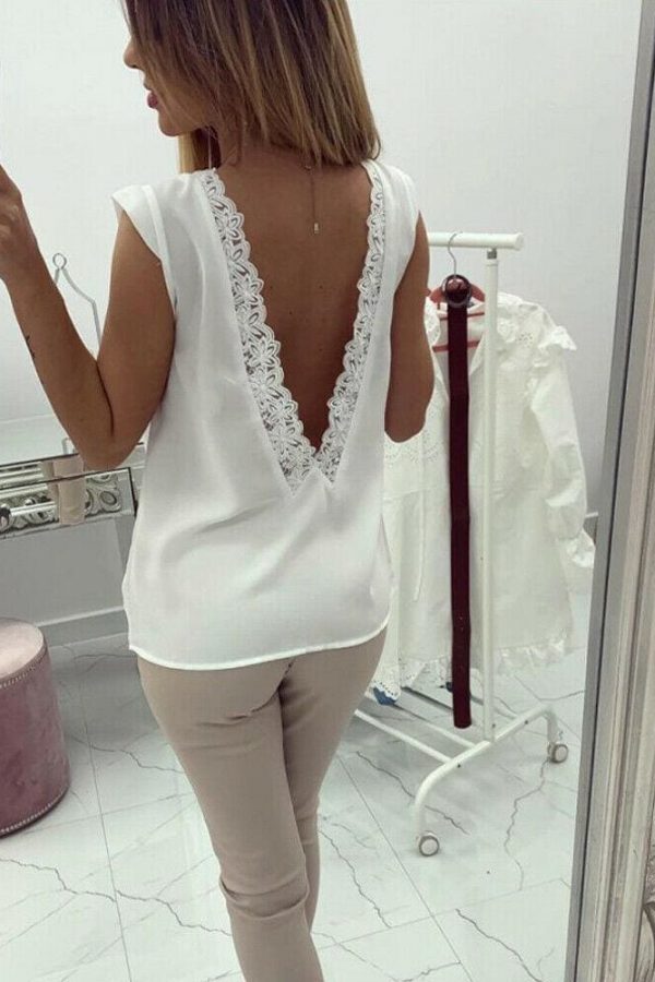 The Best Fashion Women Summer Loose Backless Lace Vest Top Ladies Sleeveless Sexy V-Neck Casual Blouse Tank Tops Shirt Online - Takalr