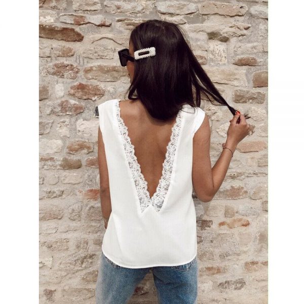 The Best Fashion Women Summer Loose Backless Lace Vest Top Ladies Sleeveless Sexy V-Neck Casual Blouse Tank Tops Shirt Online - Takalr