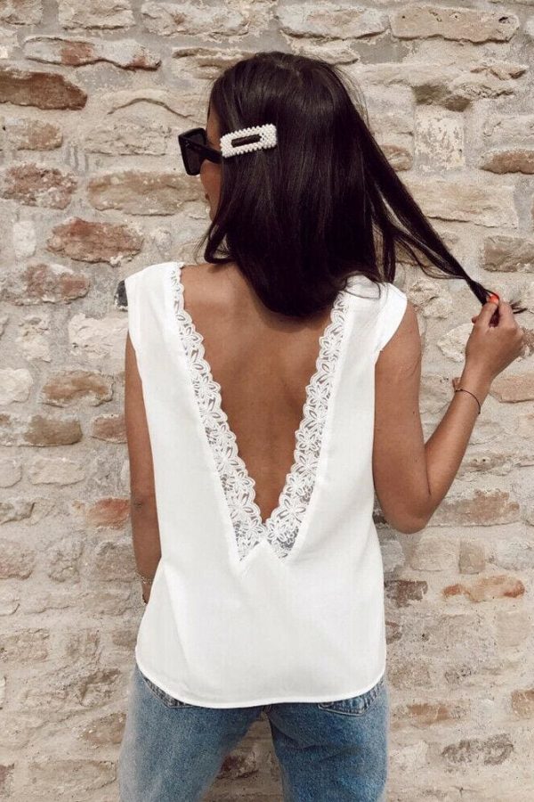 The Best Fashion Women Summer Loose Backless Lace Vest Top Ladies Sleeveless Sexy V-Neck Casual Blouse Tank Tops Shirt Online - Takalr