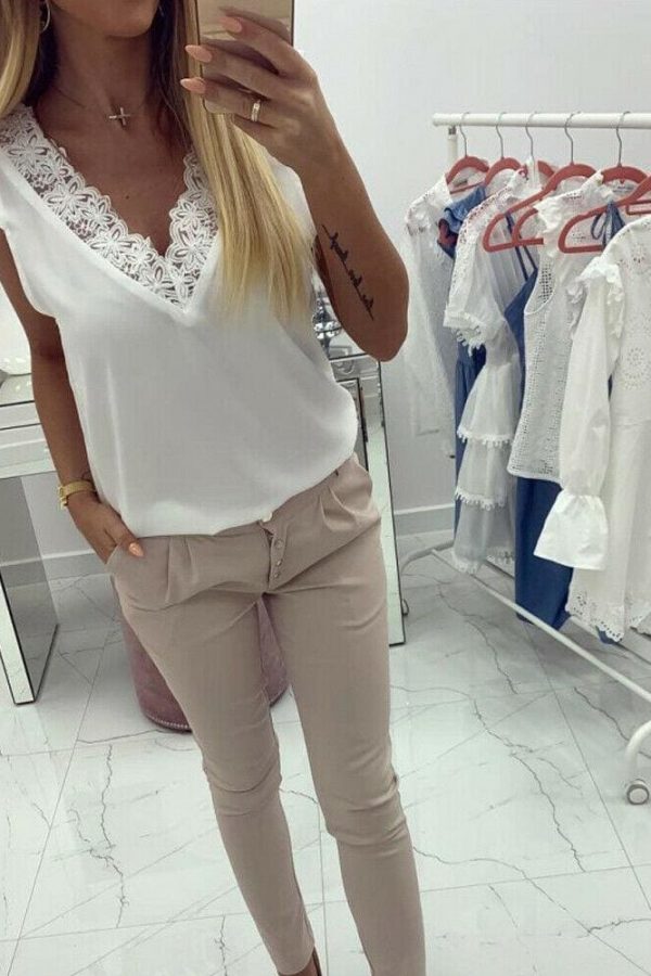 The Best Fashion Women Summer Loose Backless Lace Vest Top Ladies Sleeveless Sexy V-Neck Casual Blouse Tank Tops Shirt Online - Takalr