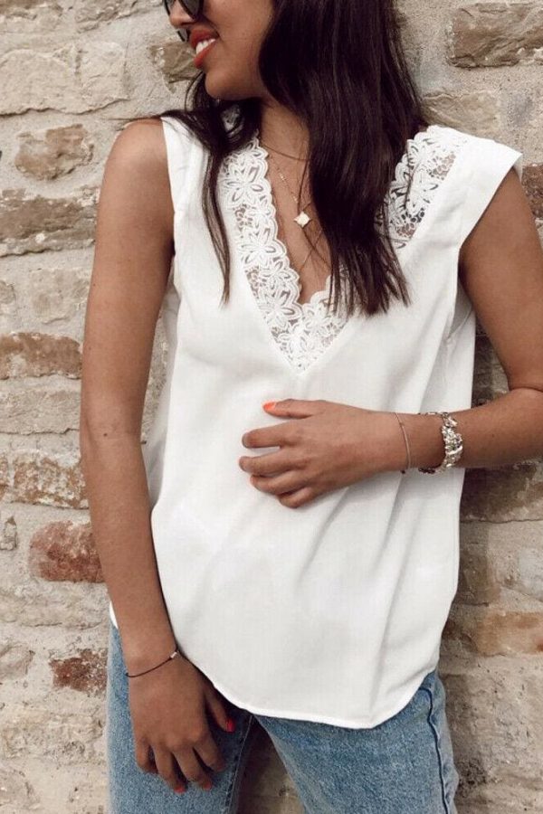 The Best Fashion Women Summer Loose Backless Lace Vest Top Ladies Sleeveless Sexy V-Neck Casual Blouse Tank Tops Shirt Online - Takalr