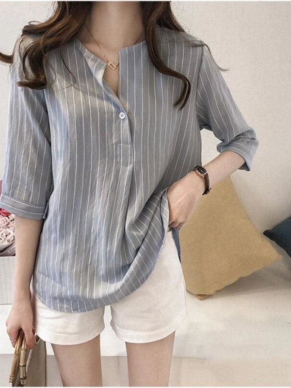 The Best Fashion Women Summer Stripe Long Sleeve Shirt OL Ladies Loose Button Casual Blouse Tops Plus Size Women Clothes Online - Takalr