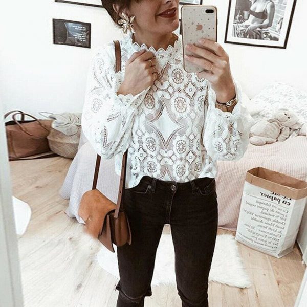 The Best Fashion Women T-shirt Lace Hollow Out Slim White Long Sleeve T-shirt Tops Summer Women Girl Clothes Stylish Online - Takalr