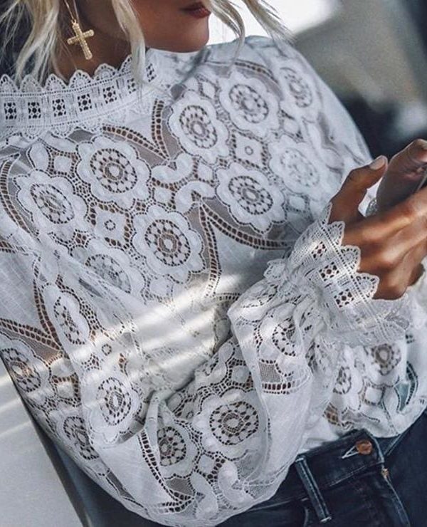 The Best Fashion Women T-shirt Lace Hollow Out Slim White Long Sleeve T-shirt Tops Summer Women Girl Clothes Stylish Online - Takalr