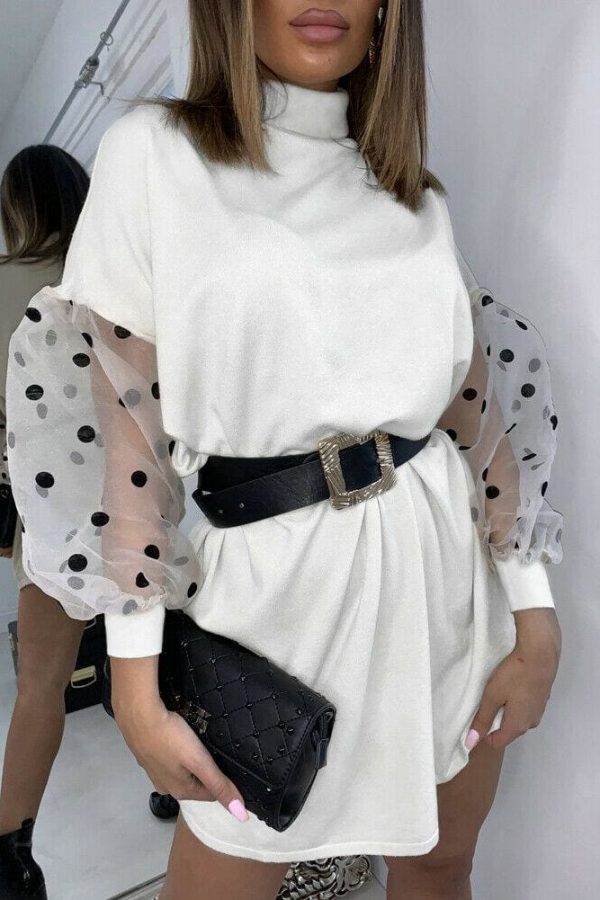 The Best Fashion Women Turtle Neck Mesh Polka Dot Long Sheer Sleeve Sweater Top Ladies Autumn Winter Casual Pullover Blouse Shirt Dress Online - Takalr